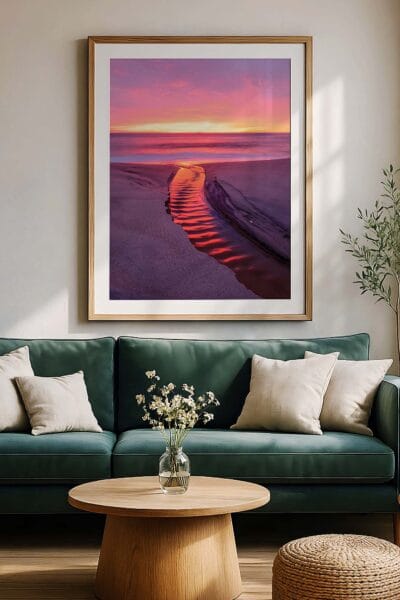 Crimson Run wall art featuring red sunrise reflections flowing across the shoreline of Lake Macquarie