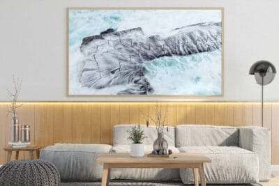 Frozen Magic wall art featuring a long-exposure view of the Bogey Hole in Newcastle NSW displayed in a modern home