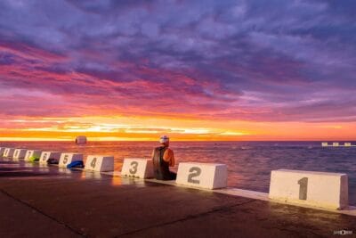 Merewether Ocean Baths at sunrise, morning swimmers, coastal photography print