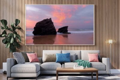 Redhead Rocks Sunset wall art featuring sunset light over the rocky shoreline at Redhead Beach NSW