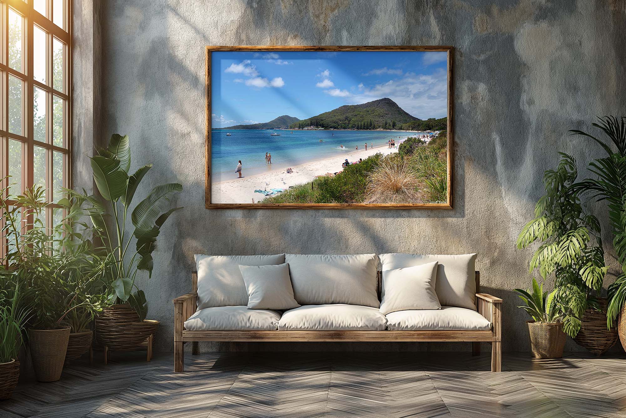 Port Stephens landscape photography print of Shoal Bay Beach on a summer day with turquoise water, golden sand, and clear blue sky