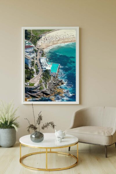 Framed aerial photograph of the Bondi Icebergs ocean pool styled as modern coastal wall art.