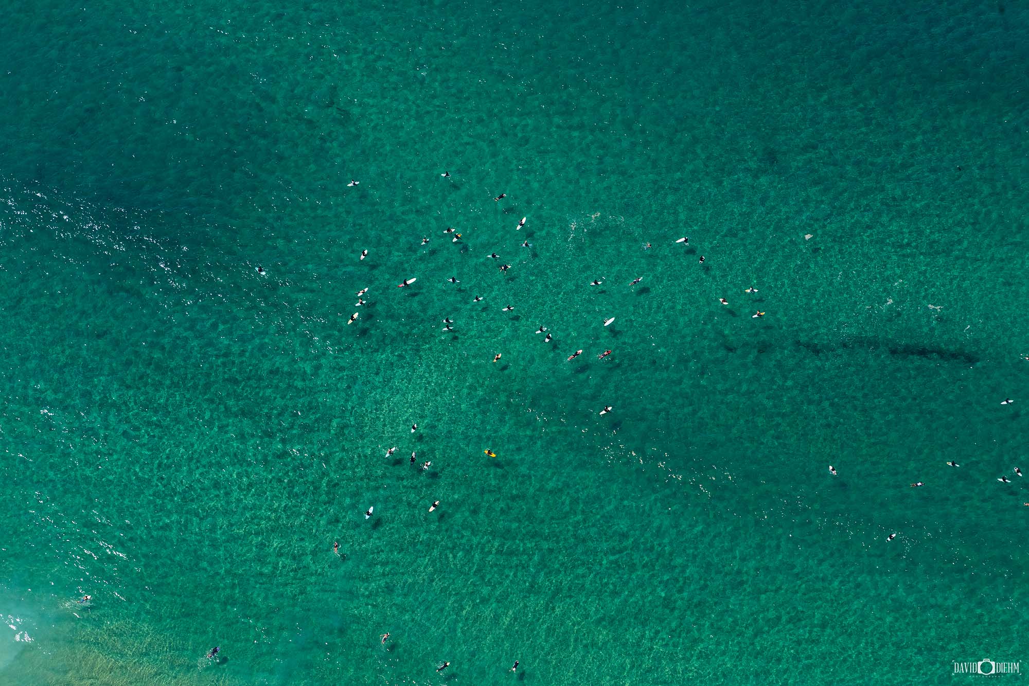 Aerial photograph of surfers riding waves in the ocean at Bondi Beach in Sydney, capturing the surf action and coastline from above.
