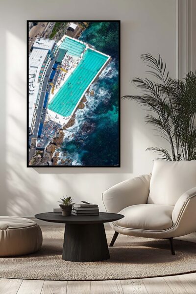 Framed aerial photograph of Bondi Icebergs ocean pool displayed as modern coastal wall art.