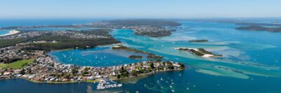 Marks Point in Lake Macquarie captured in summer showing sand islands and panoramic coastal water views