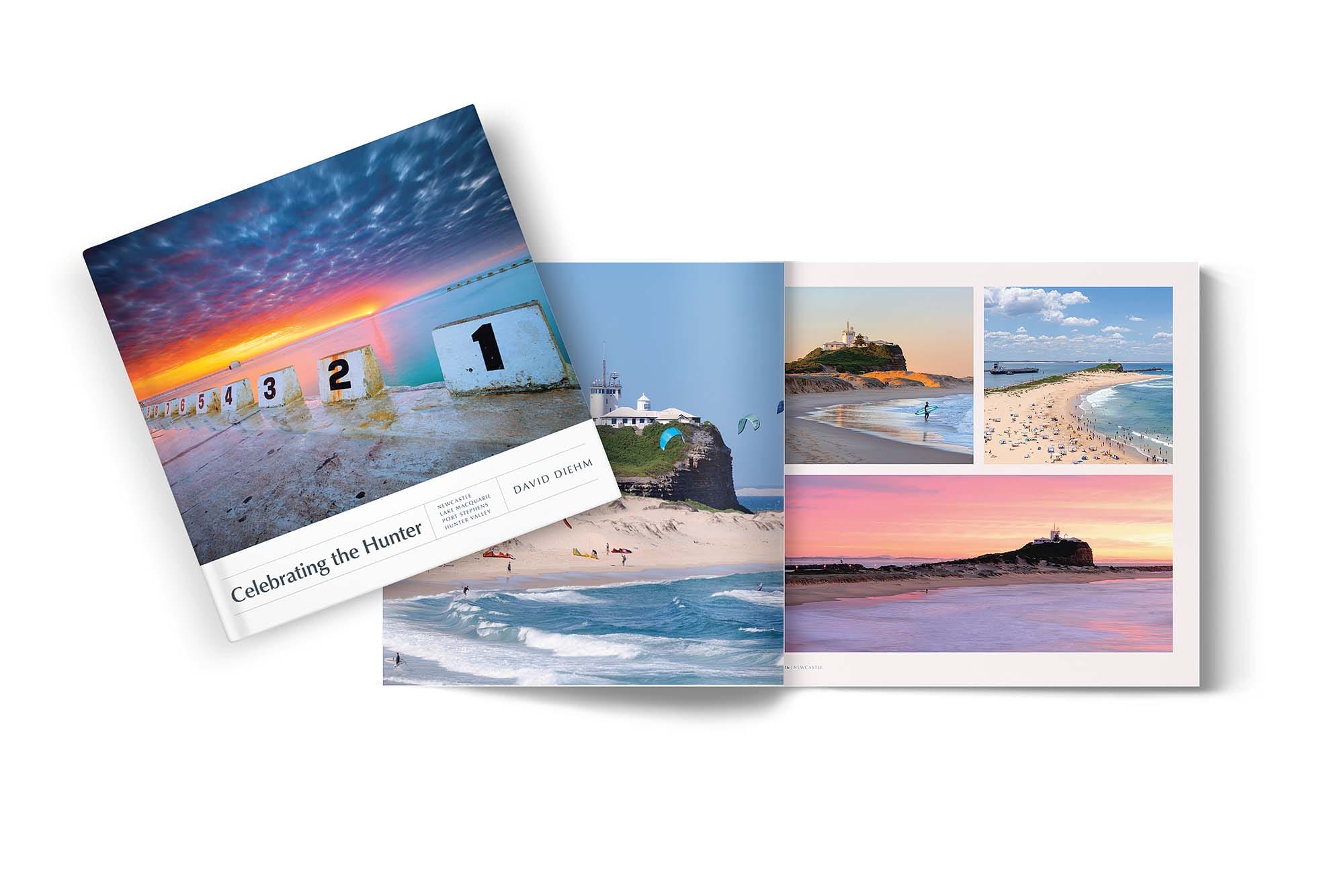 Open spread of the Celebrate the Hunter photography book showing landscape images of the Hunter region including vineyards, countryside, and coastal scenery in New South Wales.