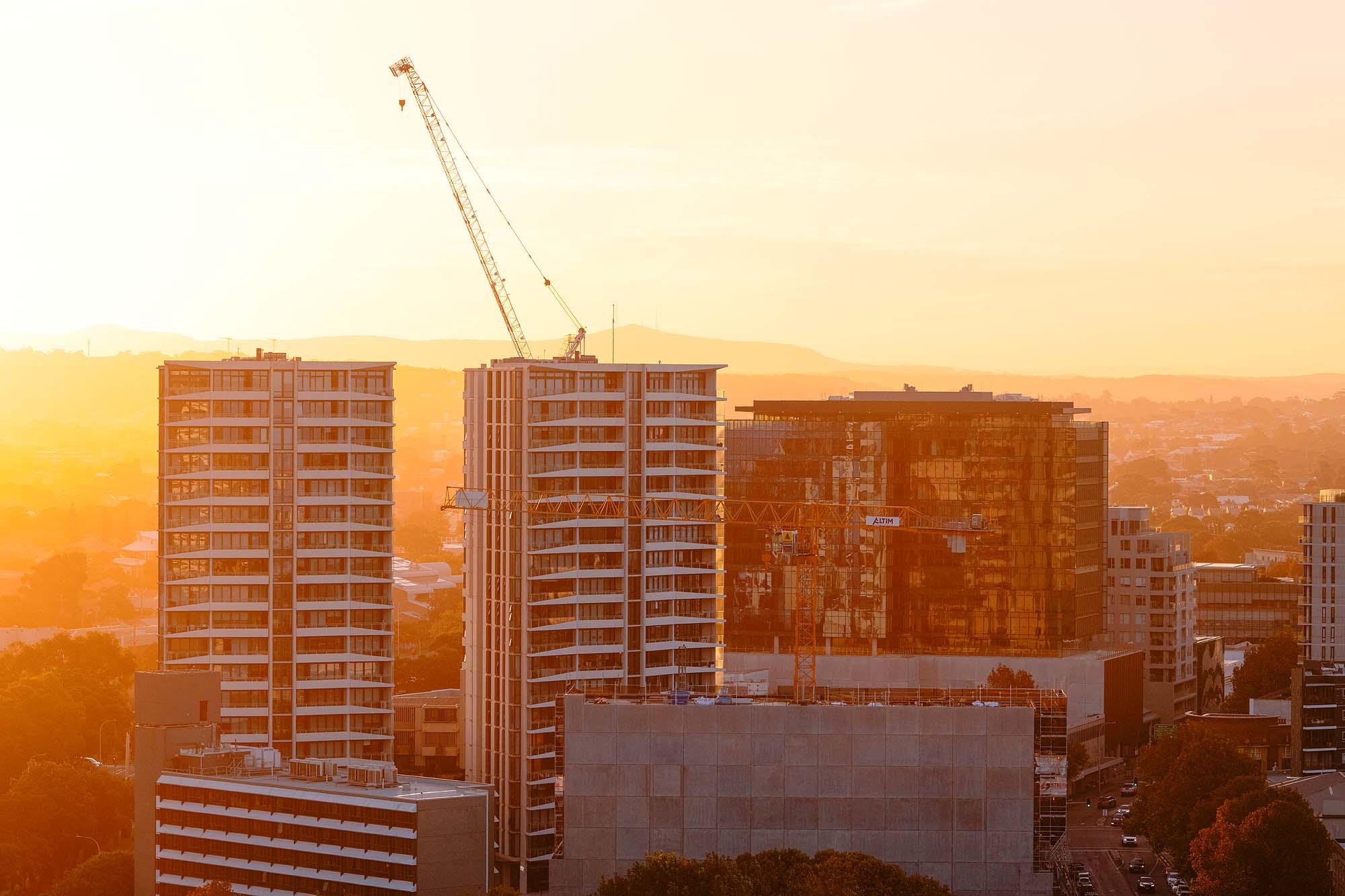 Newcastle CBD buildings captured in evening sunset light for commercial real estate photography