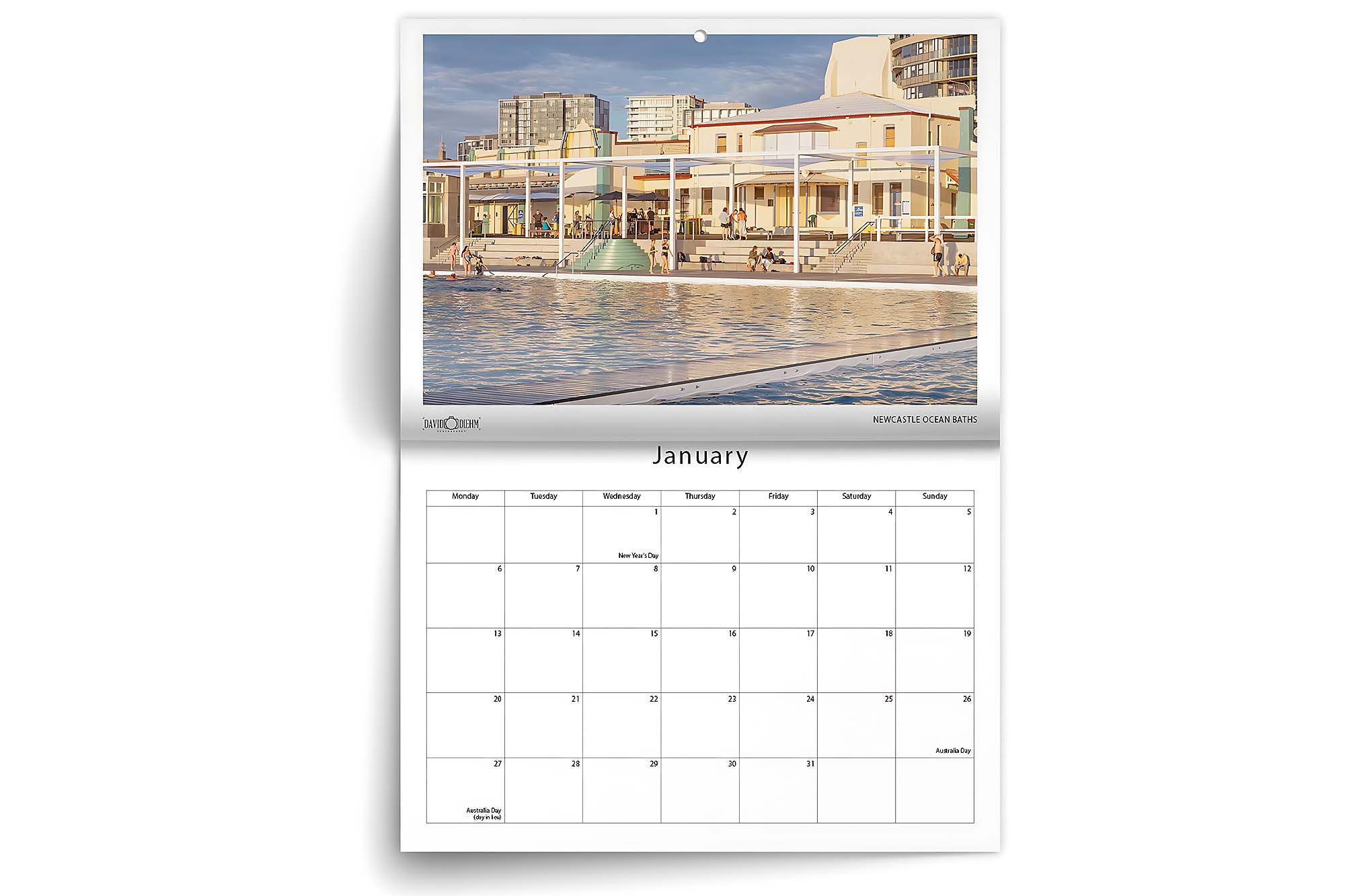 Newcastle and Lake Macquarie wall calendar featuring coastal and lake landscape photography with iconic beaches, waterways, and scenic views of the region.