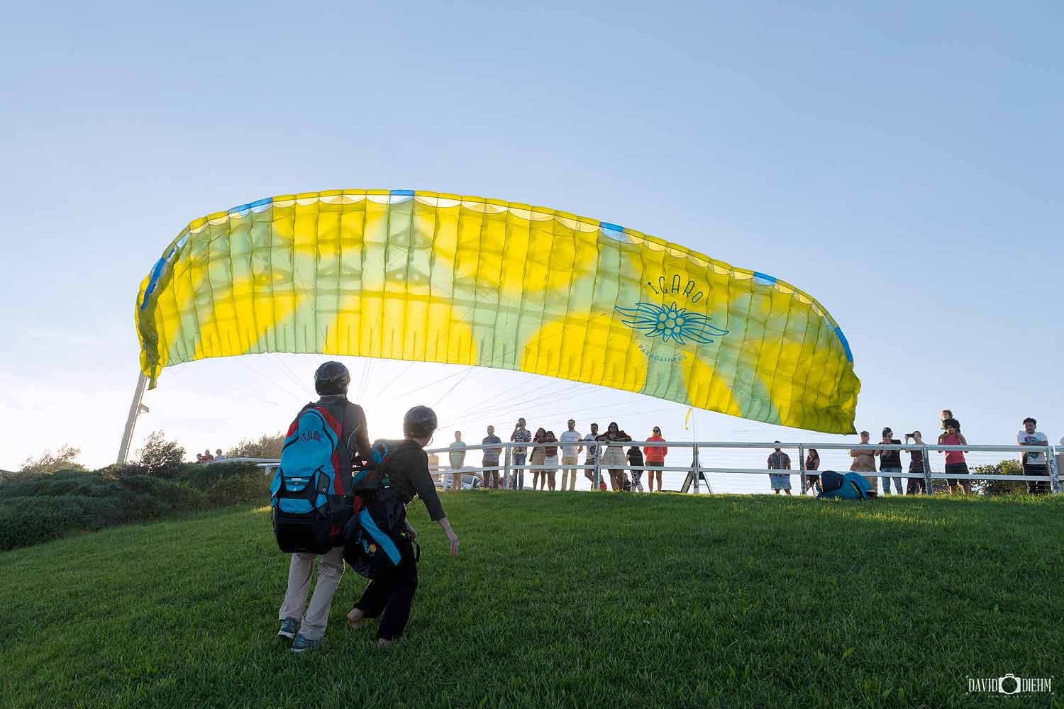 A paraglider launching from Strzelecki Lookout on Newcastle's coastline.