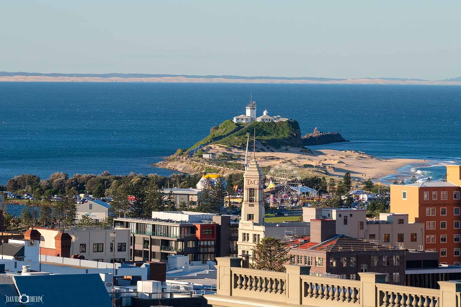 Nobbys Headland and Nobbys Lighthouse viewed from The Obelisk in Newcastle.