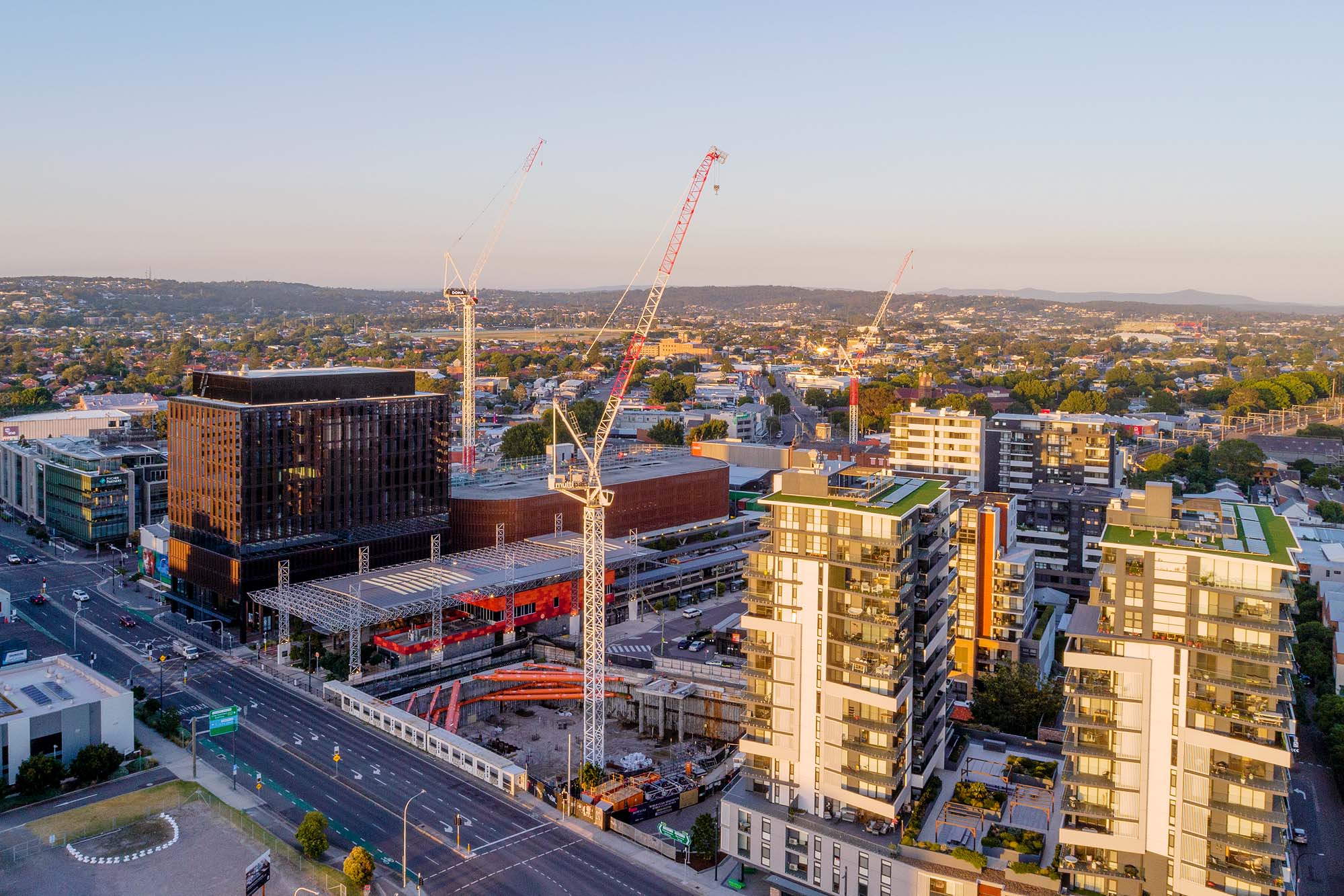 Aerial view of Newcastle showing urban residential construction and city development captured for corporate real estate photography