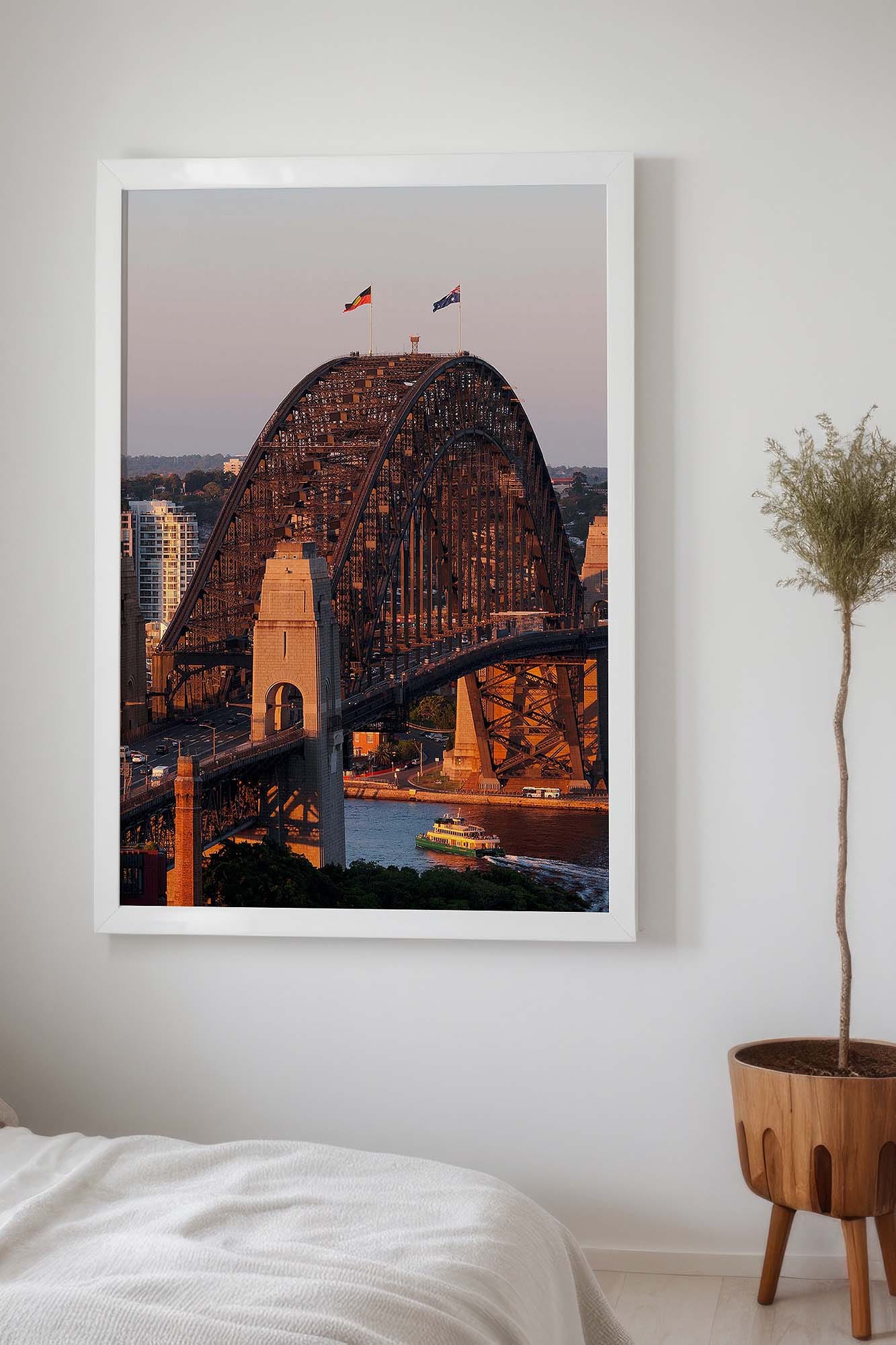 Sydney Harbour Bridge wall art in lounge room showing how to choose wall art size for your space