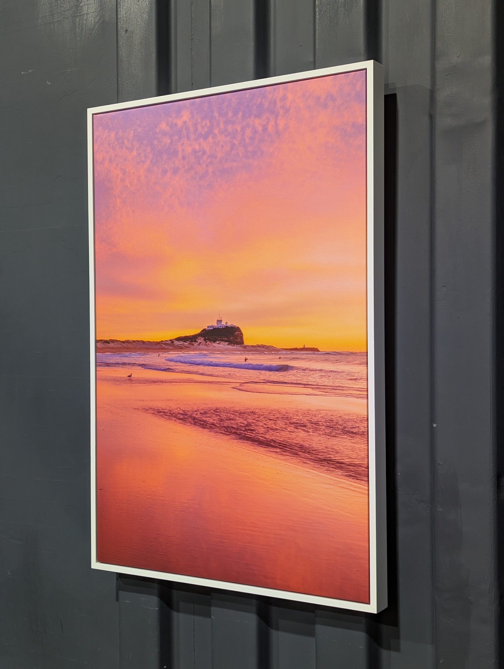 floating frame canvas of Nobbys Beach wall art styled for modern interior design