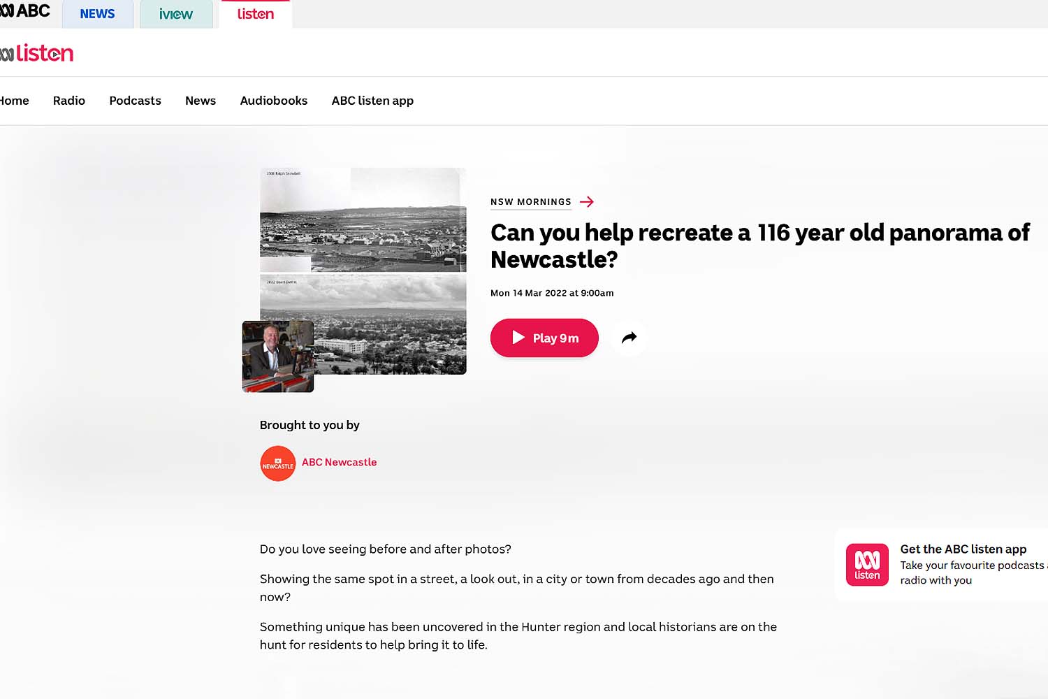 Newcastle photographer David Diehm recreating historic 1906 panorama by Ralph Snowball showing then and now view of Newcastle landscape
