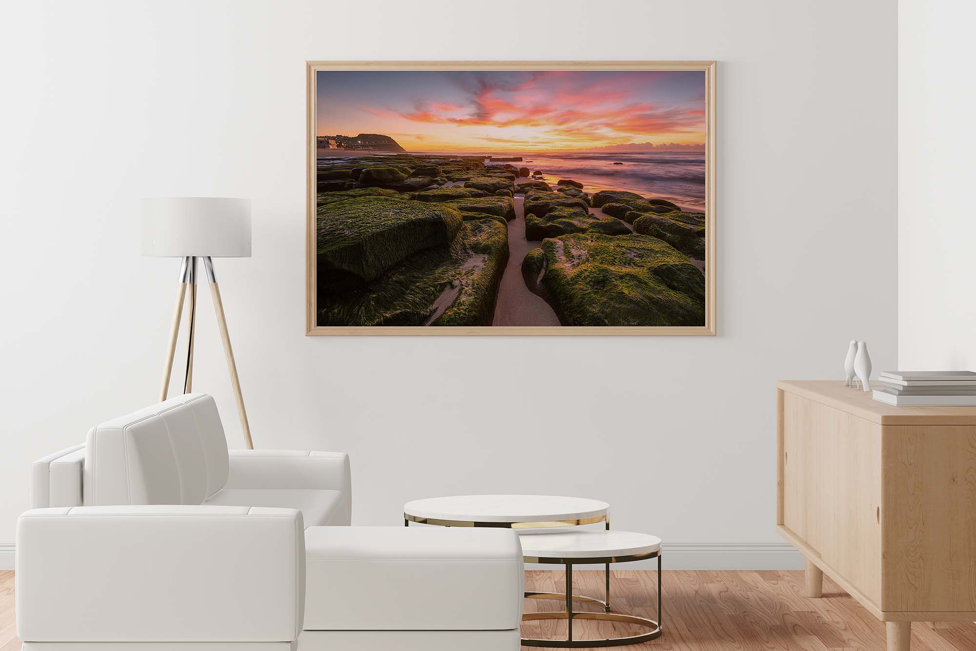 Dixon Beach sunrise with green mossy rocks, Newcastle coastal landscape photography Australia