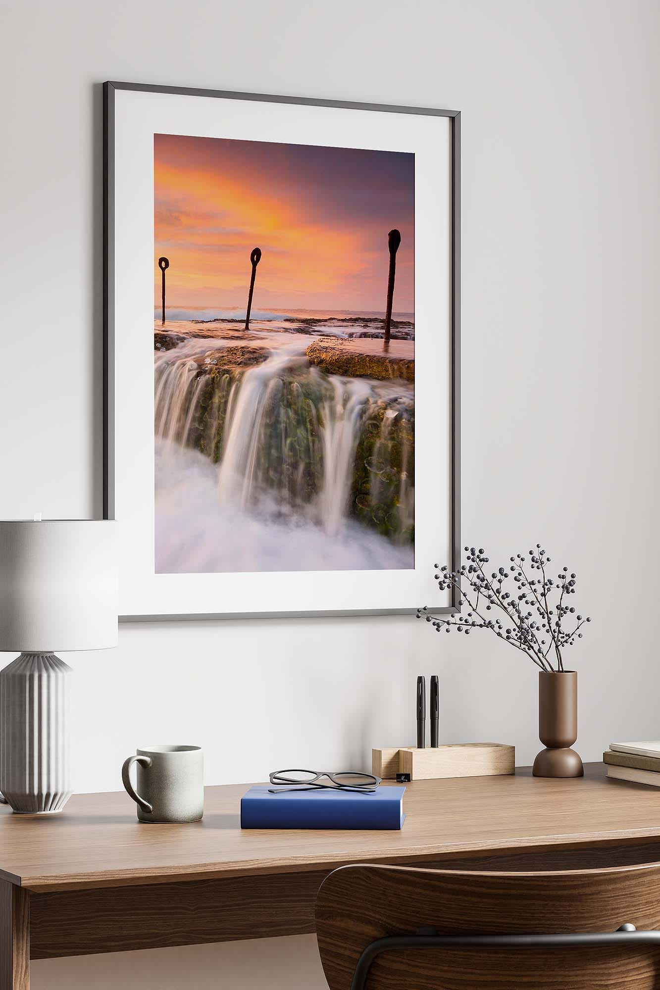 home-office-wall-art-sunrise-seascape-australia.jpg Home office styled with sunrise seascape wall art creating a calm and focused workspace