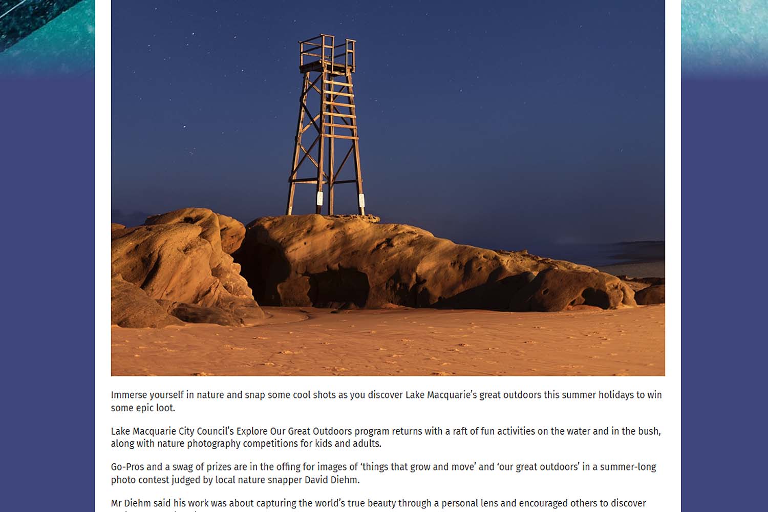 Landscape photography of Lake Macquarie showcasing natural outdoor scenery captured by photographer David Diehm as part of Explore Our Great Outdoors program