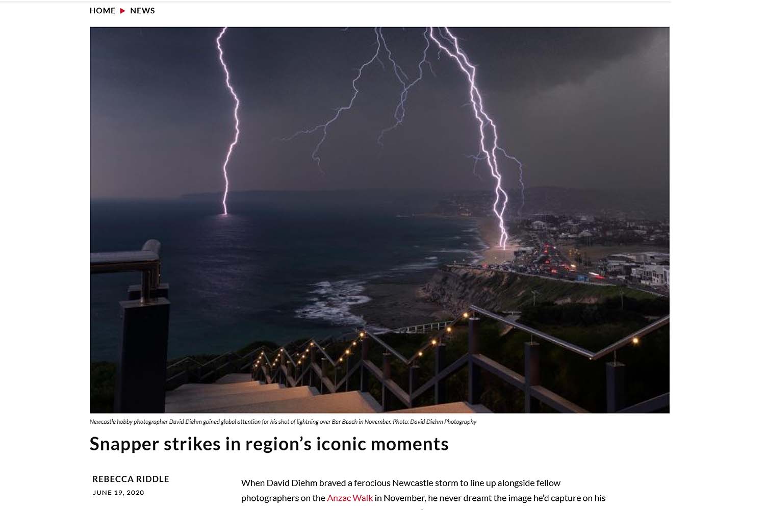 Lightning striking Bar Beach Newcastle captured by photographer David Diehm during intense coastal storm
