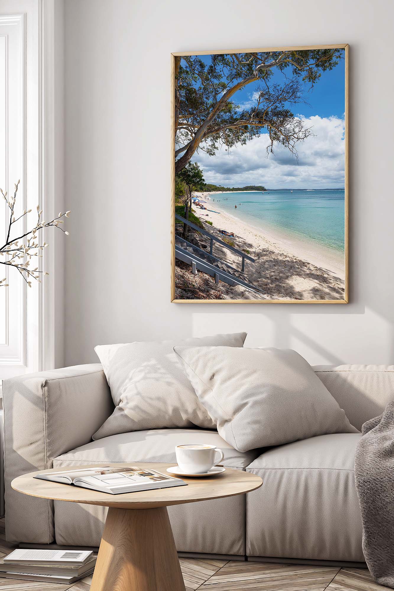 Port Stephens beach scene with gum tree overlooking the coastline in a relaxed coastal setting