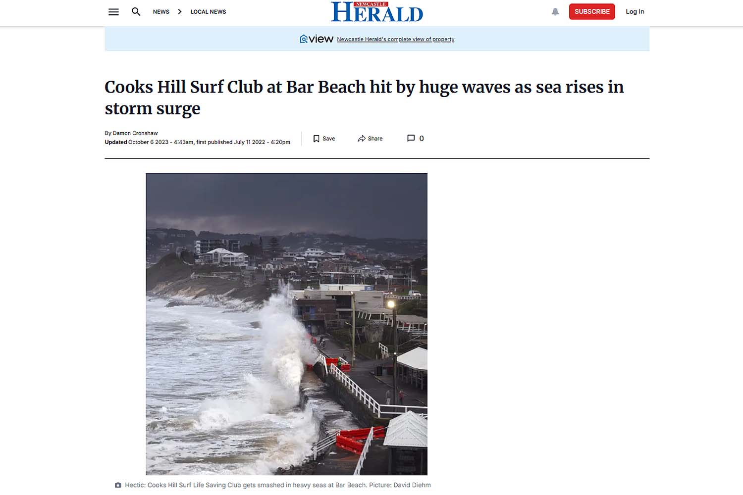 Massive storm surge waves crashing over Bar Beach Newcastle and Cooks Hill Surf Club captured by photographer David Diehm during severe coastal weather event featured in Newcastle Herald