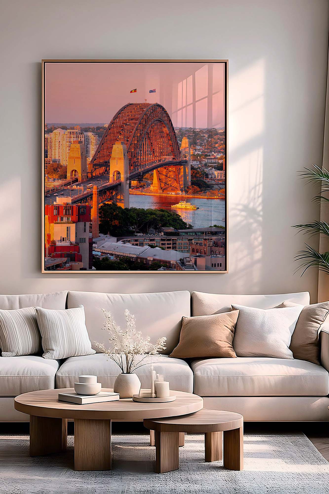 Sydney Harbour Bridge at sunset with warm tones, Sydney cityscape photography Australia