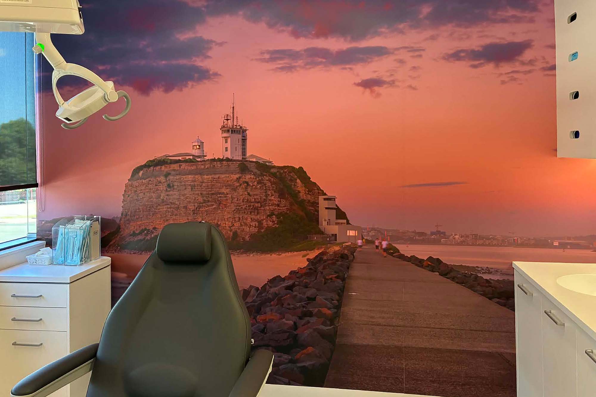 Nobbys Lighthouse and breakwall Newcastle image used as large wall print in dental practice for editorial image licensing Australia