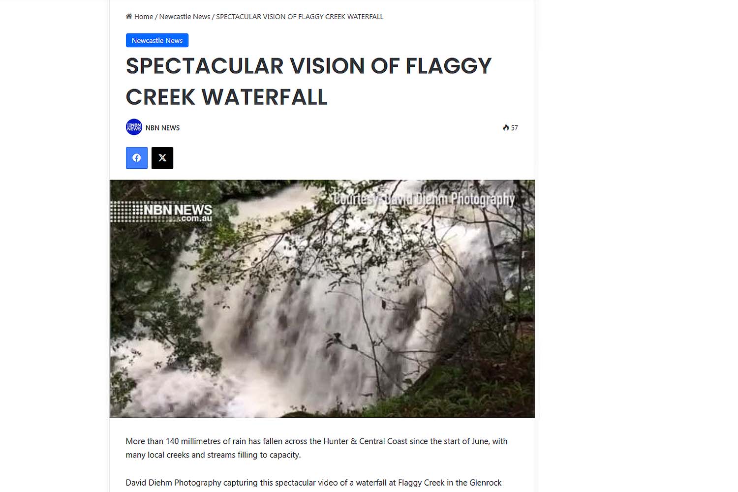 Spectacular view of Flaggy Creek waterfall in Glenrock State Conservation Area captured by photographer David Diehm after heavy rainfall in the Hunter region (nbnnews.com.au )