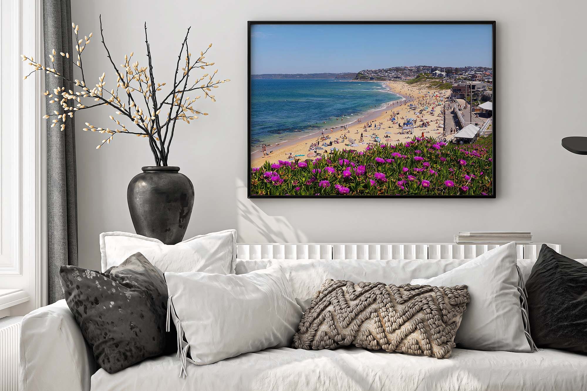 Living room interior showing large wall art above sofa demonstrating how to choose wall art size for your space