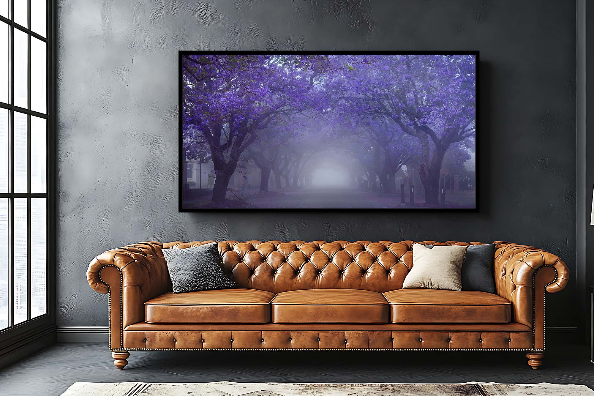 Jacaranda tree wall print with vibrant purple blossoms styled in a modern interior design setting