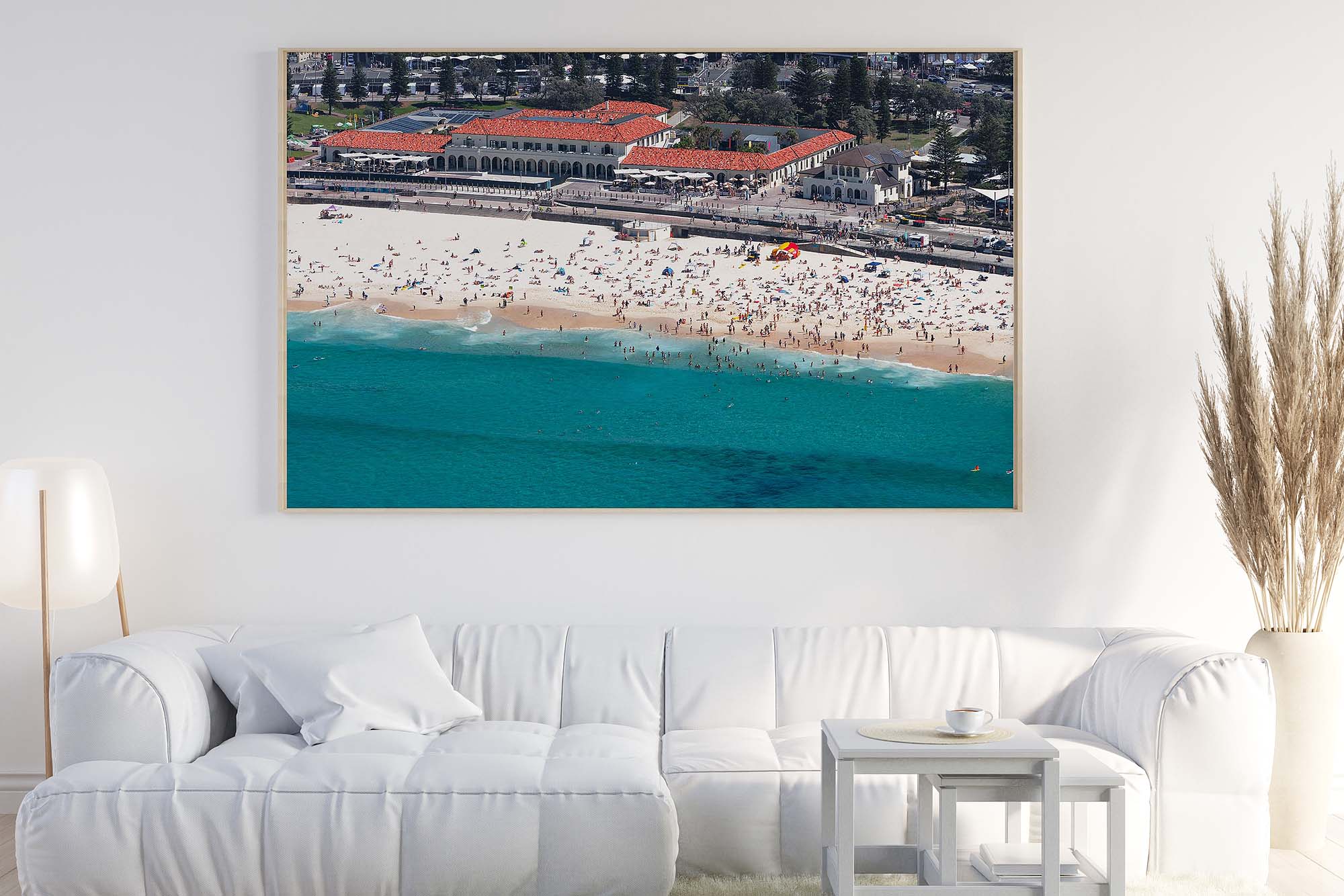 Canvas vs Acrylic Prints comparison in a modern Sydney Bondi living room interior design with coastal wall art styling