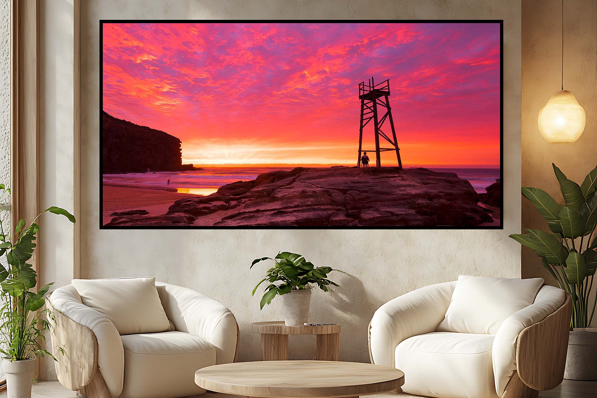Redhead Beach sunrise wall art displayed in a modern coastal interior design