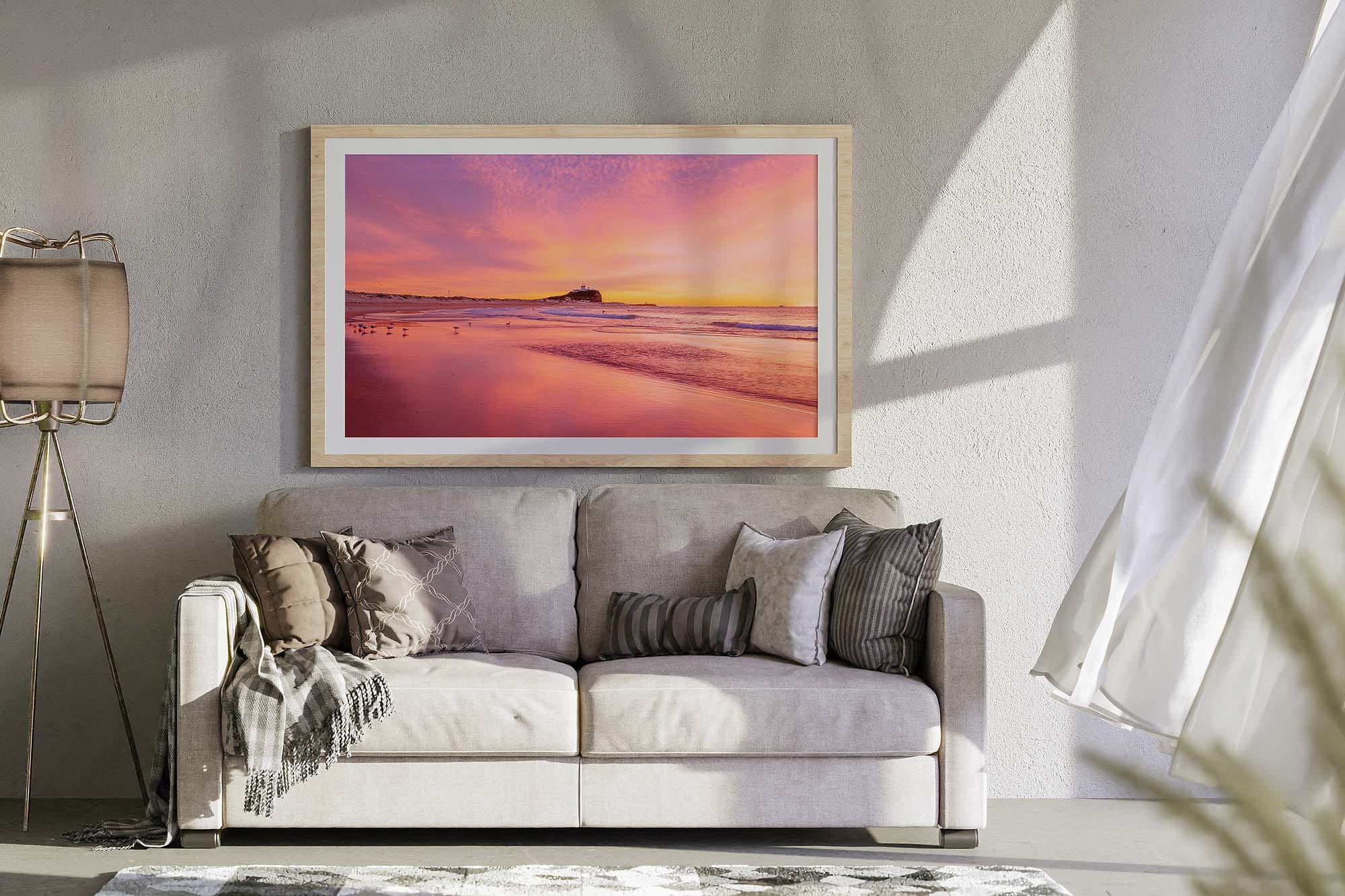 Newcastle wall art photography print featuring Nobbys Beach sunrise and the iconic Newcastle coastline