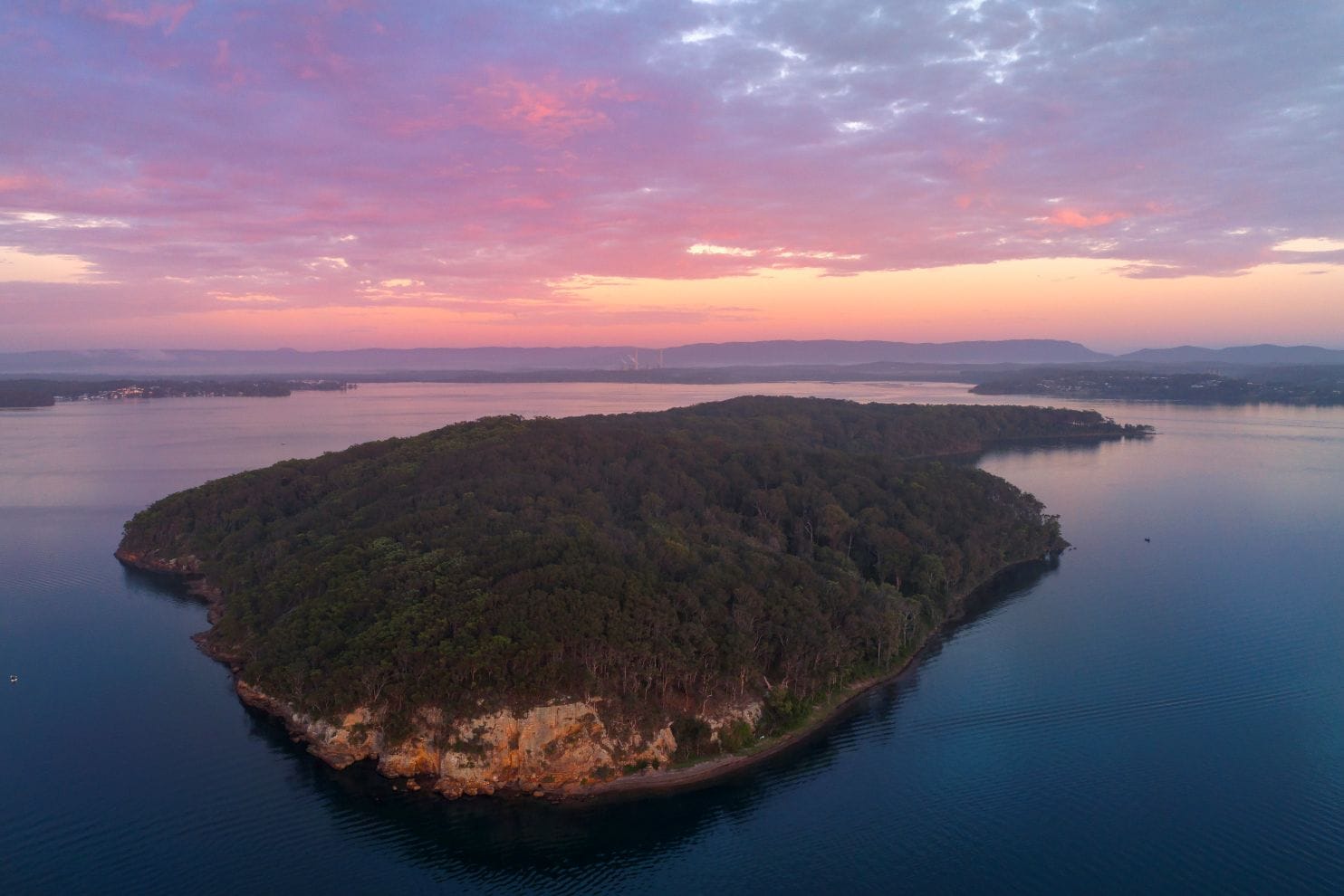 Pulbah Island at sunrise surrounded by calm waters in Lake Macquarie NSW with soft pink dawn skies and native bushland.