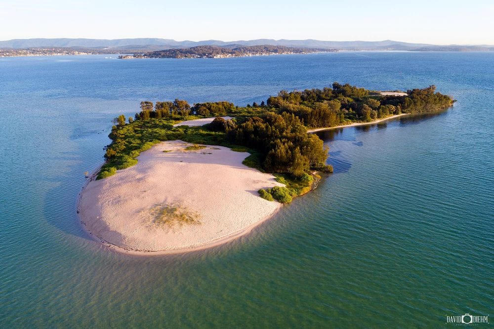 Elizabeth Island surrounded by white sand and clear water in Lake Macquarie NSW