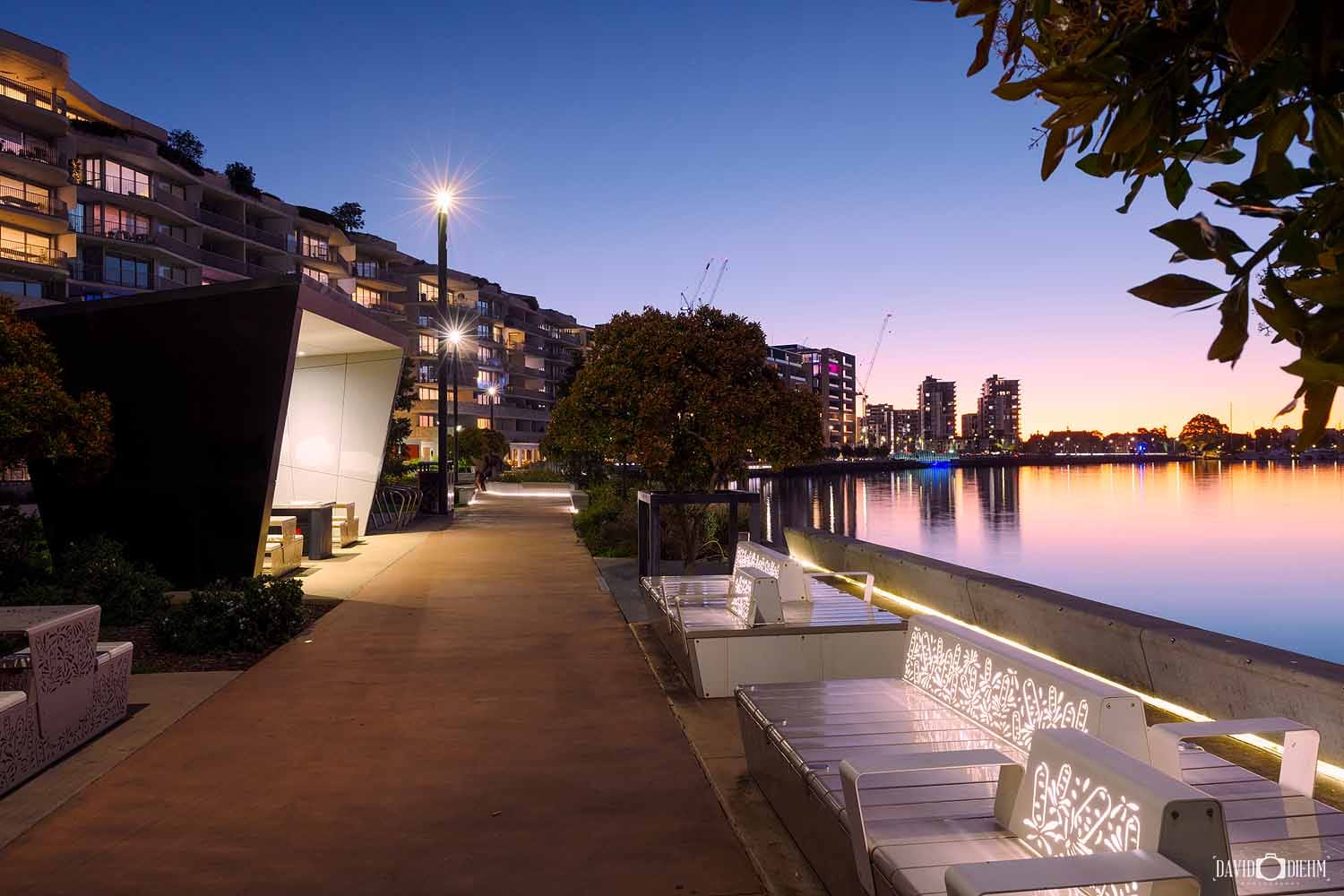 honeysuckle-foreshore-twilight-newcastle.jpg The illuminated Honeysuckle Foreshore walking path beside Newcastle Harbour at twilight, NSW.