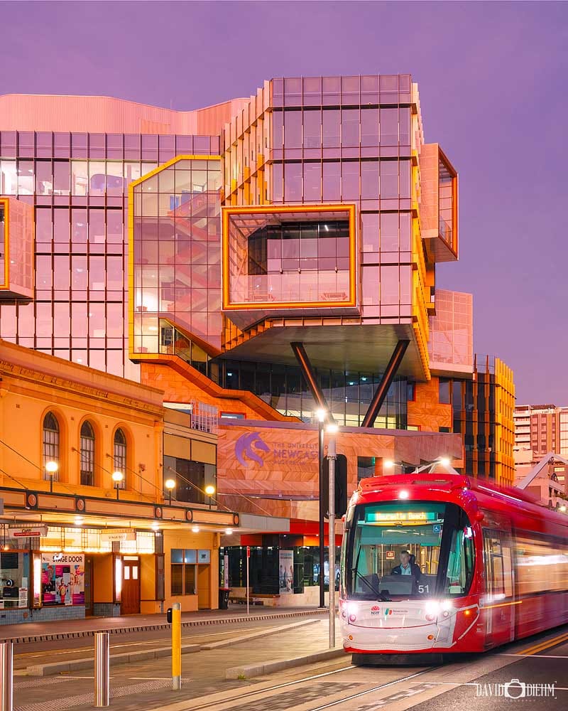 Modern architecture and light rail in Newcastle city centre highlighting urban renewal and contemporary design
