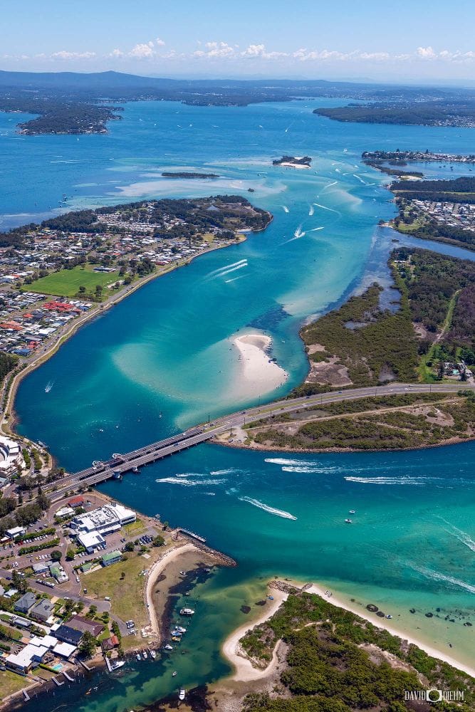 Aerial view of Swansea Channel connecting Lake Macquarie to the Pacific Ocean NSW