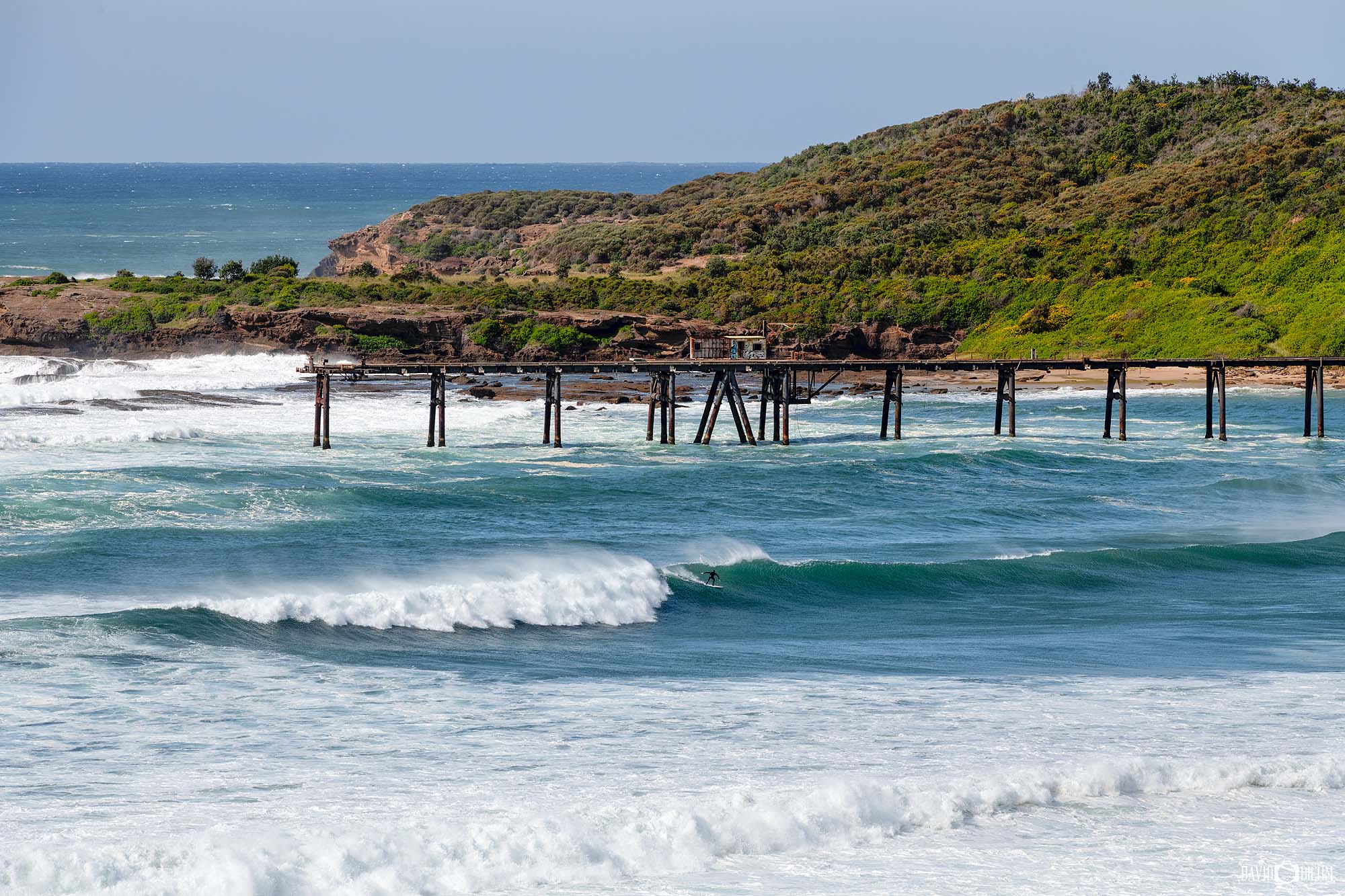 Surfer paddling through large ocean swell off Catherine Hill Bay on the NSW coast