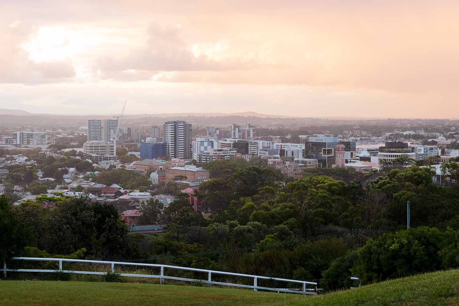 Sunset over Newcastle city viewed from The Obelisk lookout in Newcastle NSW.
