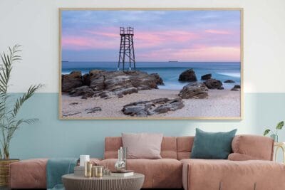 Standing Watch wall art featuring the iconic Redhead Shark Tower at sunset on Redhead Beach NSW