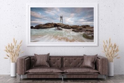 Tide and Tower wall art featuring ocean swell, coastal rocks and the Redhead Shark Tower at Redhead Beach NSW.