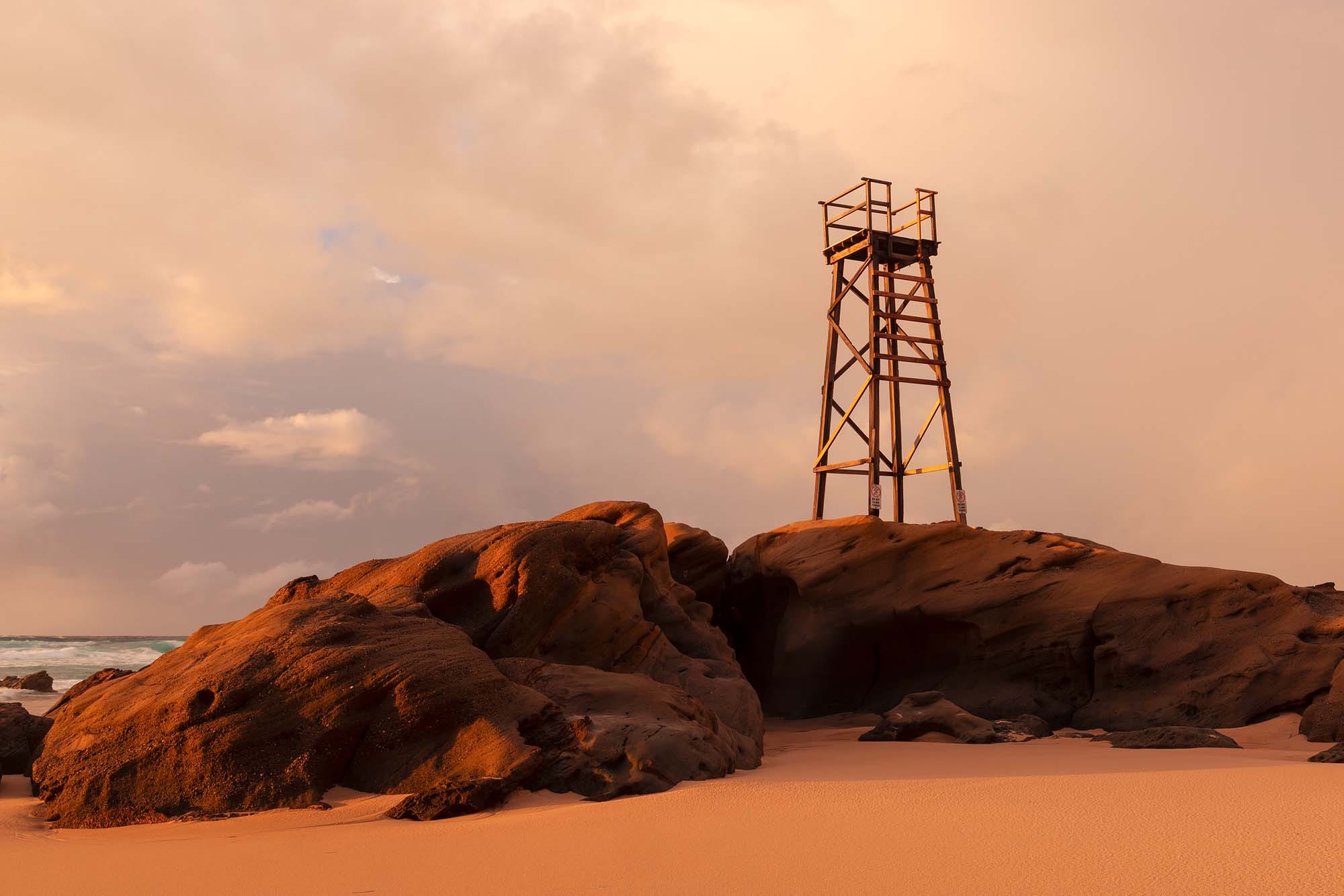 Close-up view of the iconic Redhead Shark Tower overlooking the coastline at Redhead Beach NSW
