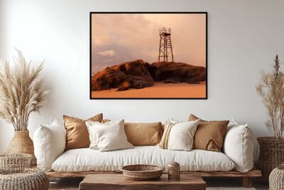 Guardian of the Coast wall art featuring a close-up view of the iconic Redhead Shark Tower at Redhead Beach NSW