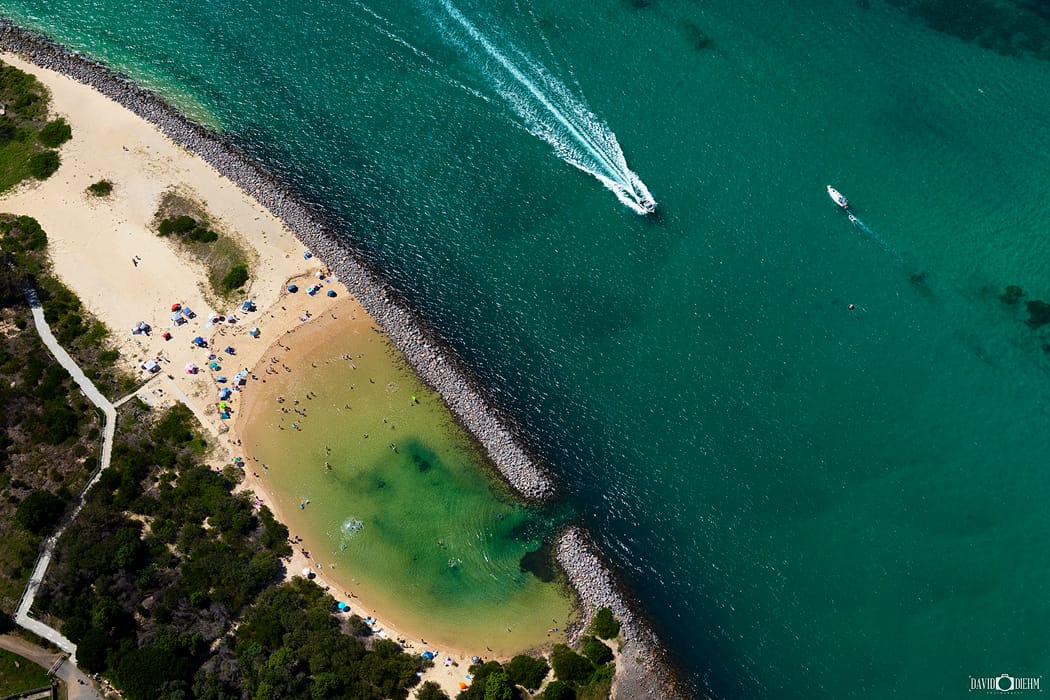 Aerial view of Grannies Pool beside Swansea Channel in Lake Macquarie NSW.
