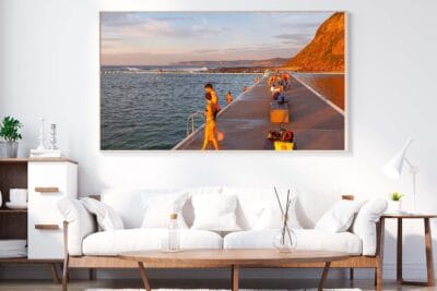 Coastal Rhythm wall art featuring morning activity at Merewether Ocean Baths in Newcastle NSW displayed in a modern home
