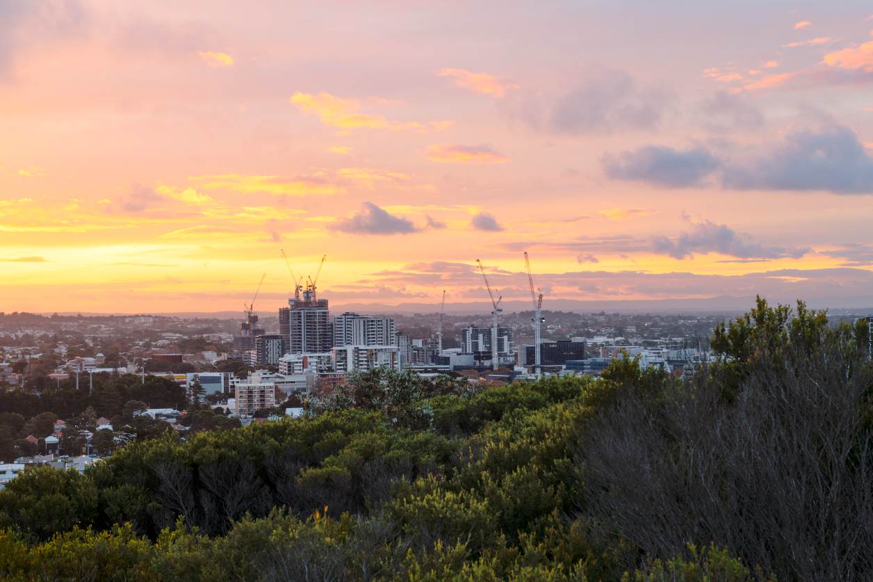 Sunrise over Newcastle city viewed from Strzelecki Lookout in Newcastle NSW.