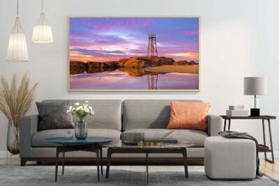 Morning Glow wall art featuring sunrise reflections and the Redhead Shark Tower at Redhead Beach NSW