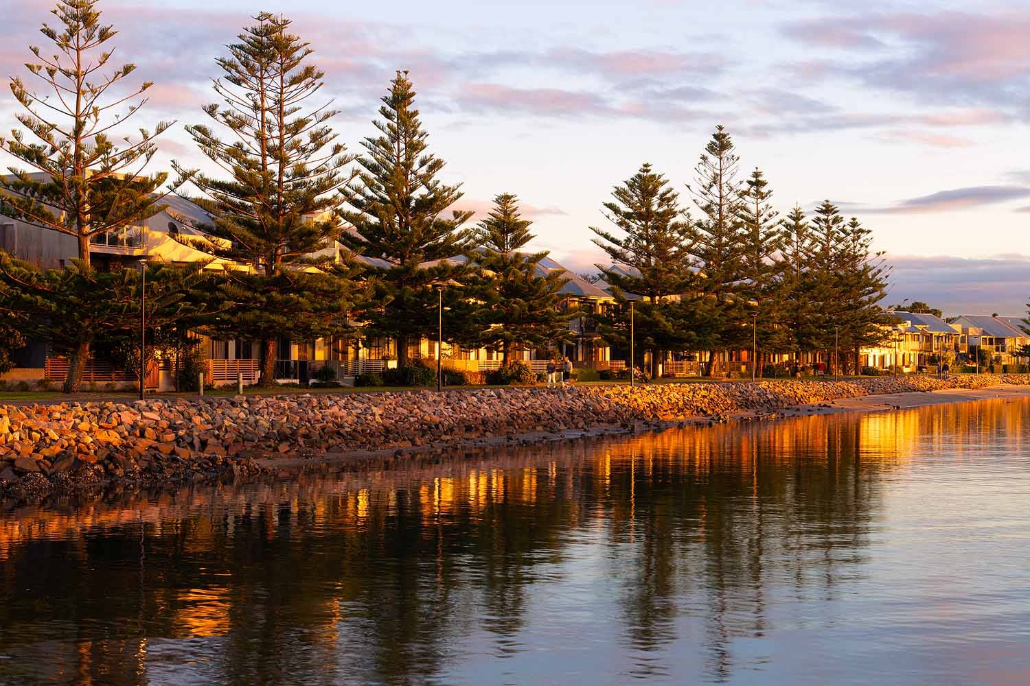 Sunrise reflections along the Throsby Creek waterfront in Islington, Newcastle.