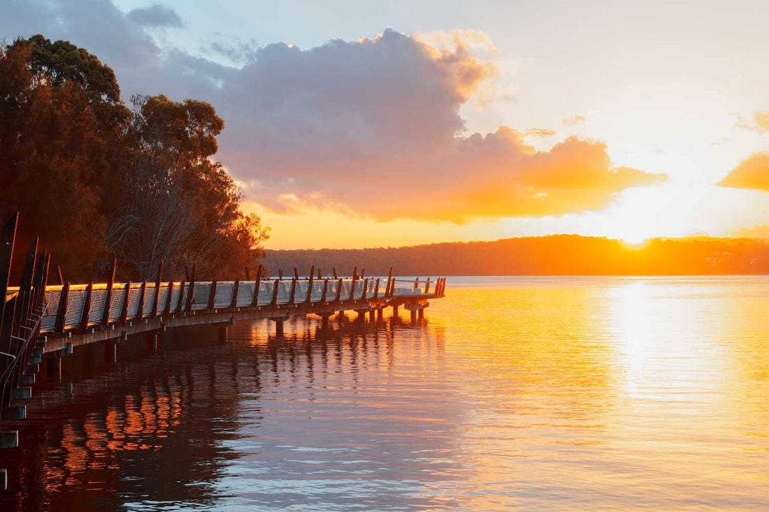 Red Bluff Boardwalk at sunset in Eleebana, with warm evening light illuminating the elevated lakeside walkway overlooking Lake Macquarie.