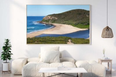 Framed wall art featuring trail runners in Glenrock State Conservation Area, Newcastle NSW, displayed in a modern living room.